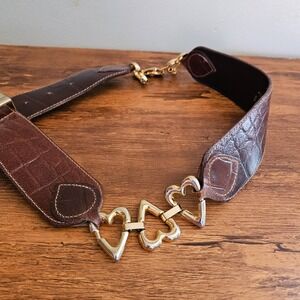 Vtg Y2K Express Brown Crocodile Embossed Genuine Leather Heart Chain Belt Size M
